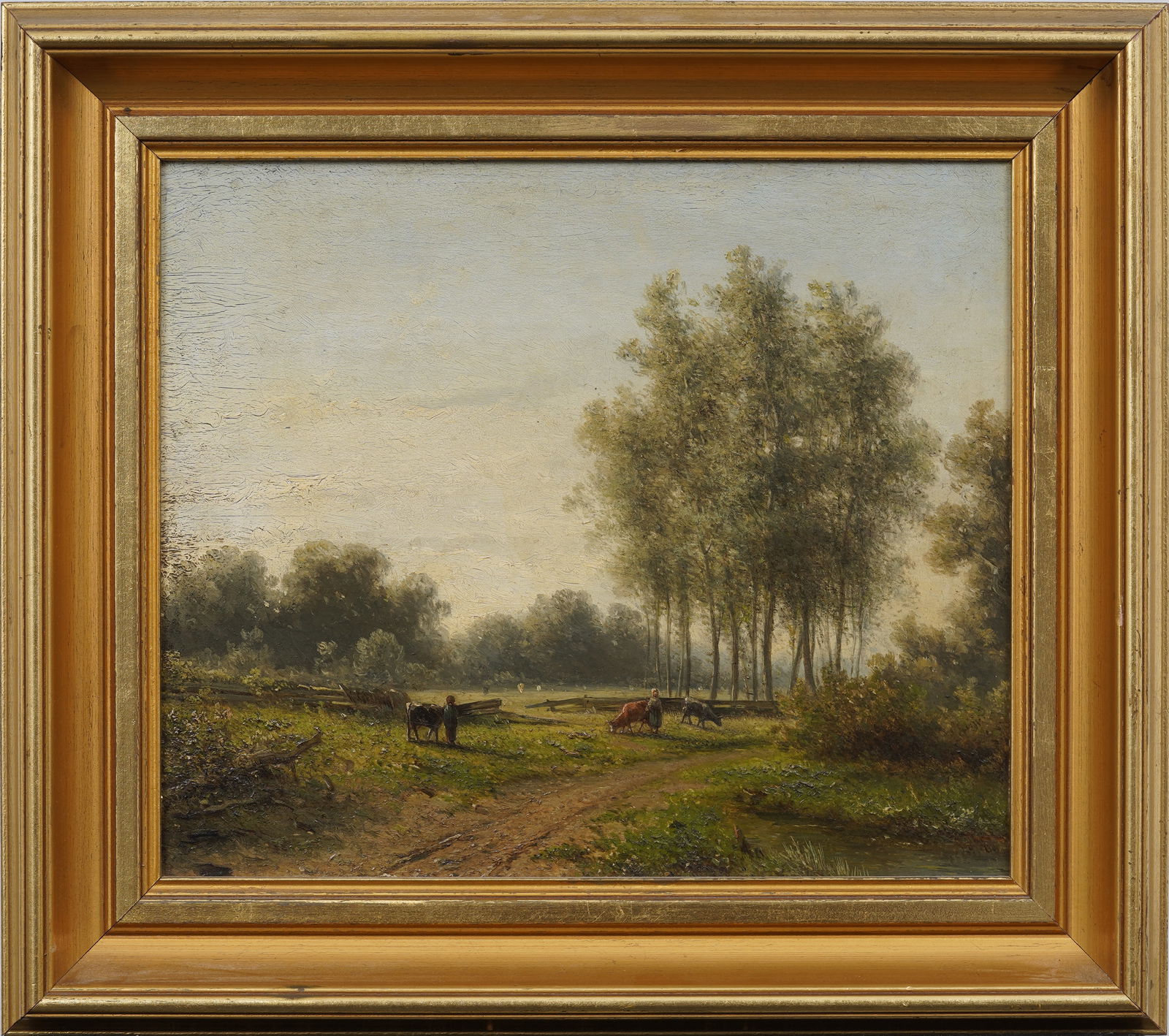 Antique American or European Impressionist Framed Landscape Cow Farm Original Oil Painting (1 of 8)