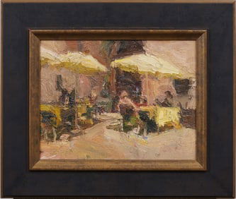 Venice Cafe Vintage American Post Impressionist Street Scene Signed "G. Carter" Oil Painting