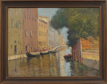 Antique Signed Italian Impressionist Venice Canal Framed Signed  Oil Painting
