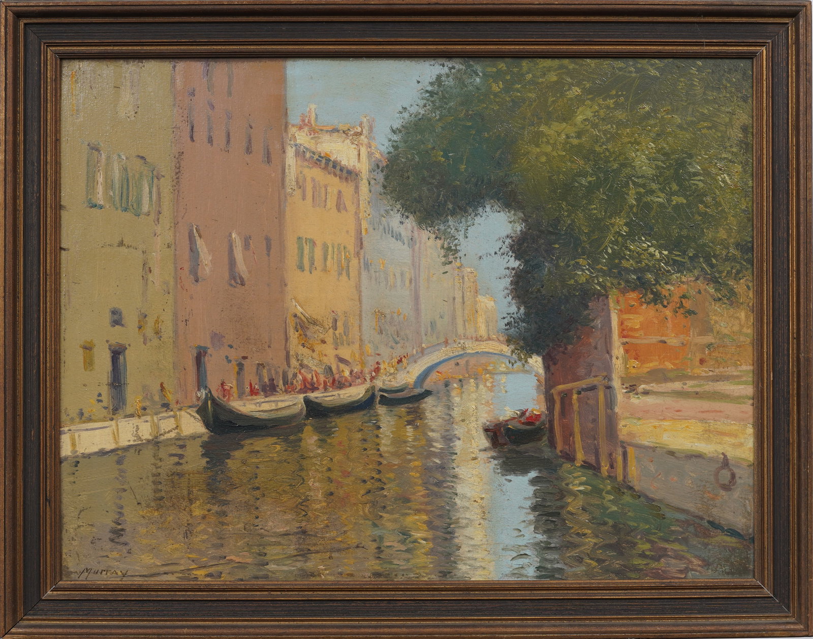 Antique Signed Italian Impressionist Venice Canal Framed Signed Oil Painting: Antique Italian impressionist oil painting. Oil on board. Signed. Measuring: 21.5 by 27.5 inches overall, and 17.5 by 23.5 painting alone. Please see all images for condition. Size is measured and wri