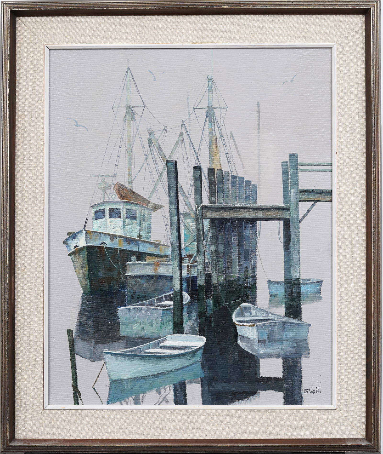 Ben Neill (1914 - 2001) Vintage American Modernist Harbor Scene Cape Cod Framed Oil Painting: Vintage American seascape oil painting by Ben Neill (1914 - 2001). Oil on canvas. Signed. Measuring: 24.75 by 21.75 inches overall, and 20 by 16 painting alone. Please see all images for condition. Si