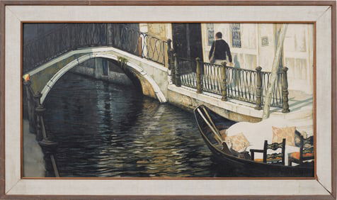 Signed Vintage Italian Modernist Venice Canal Street Scene Framed Painting