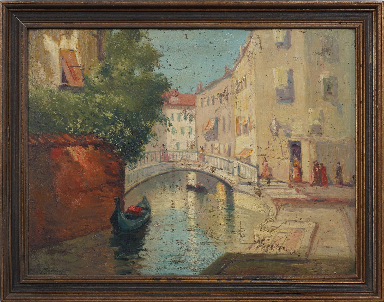 Antique Italian Impressionist Venice Canal Street Scene Framed Signed Gondola Oil Painting (1 of 7)