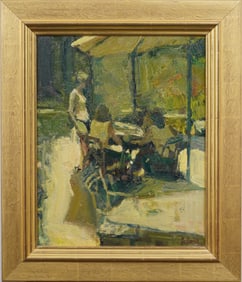 Greg Carter Signed Vintage American Modernist Framed Porch Scene Oil Painting