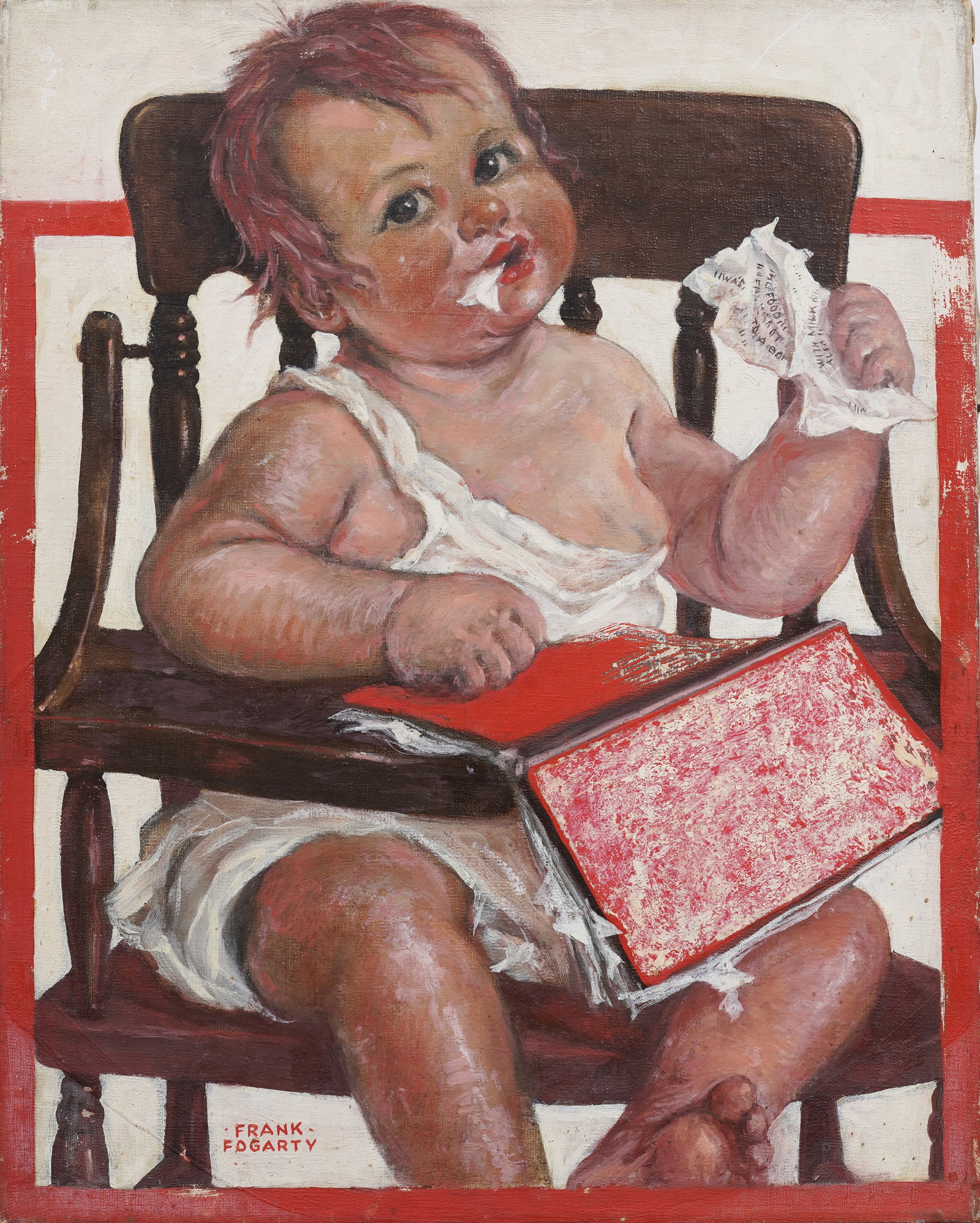 Frank Joseph Fogarty (Born 1887) Antique American Illustration Art Baby Portrait Oil Painting: Antique American oil painting. Oil on canvas. Signed. Measuring: 16 by 20 inches overall. Please see all images for condition. Size is measured and written on the back of the painting or next to each 
