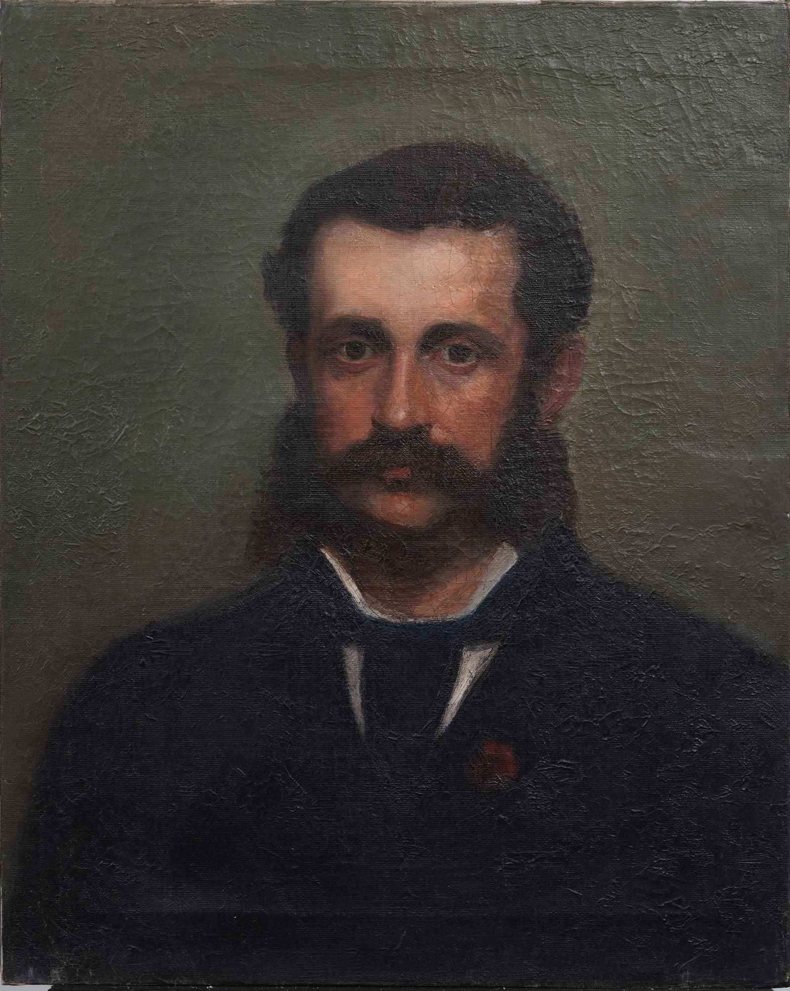 Antique American School Folk Art Male Portrait Mustache Oil Painting (1 of 5)