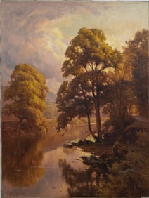Edward Henry Holder (1847-1922) Antique English Impressionist Signed River Lanscape Oil Painting