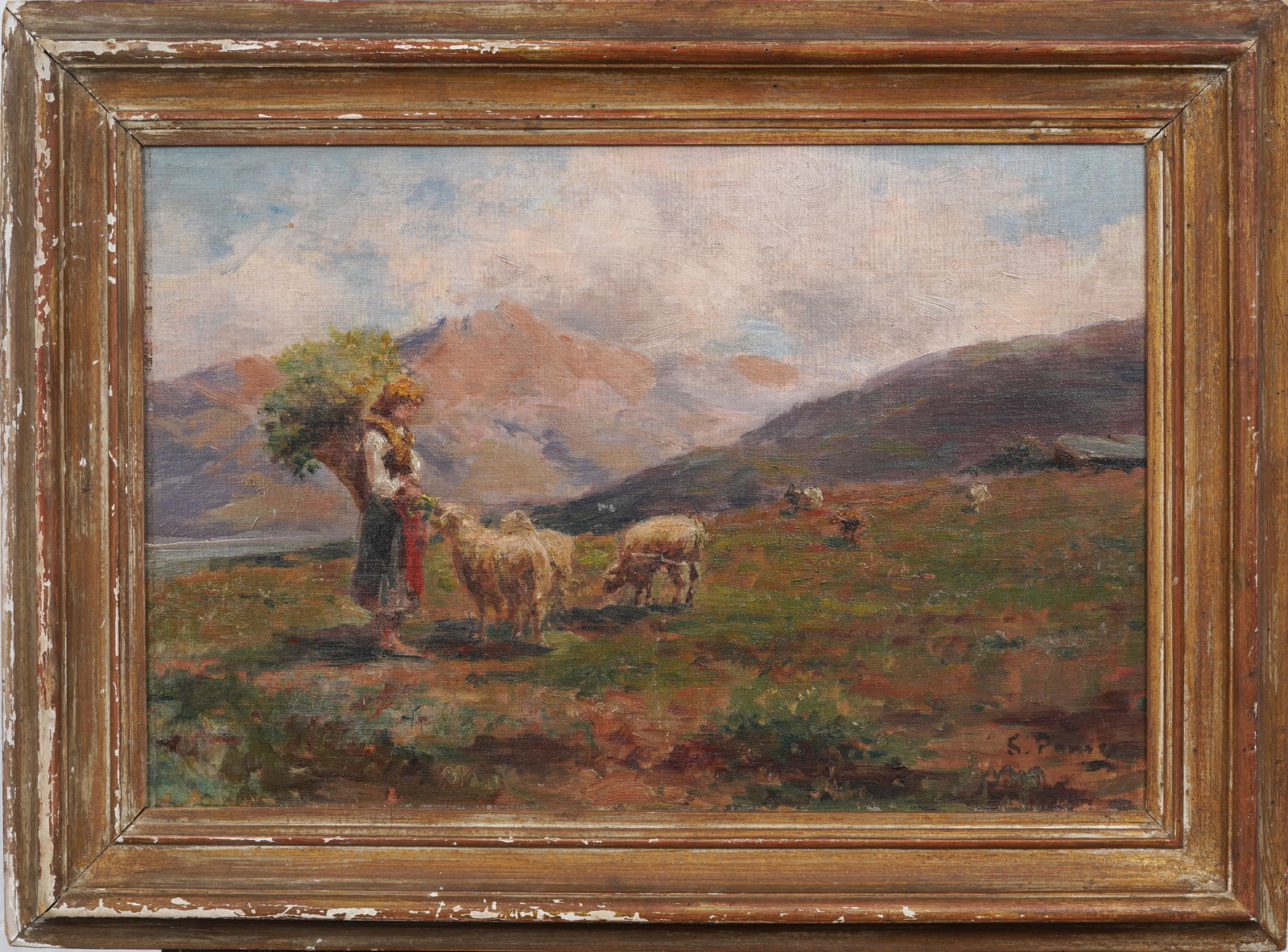 Antique Signed Italian Impressionist Sheep Herder Landscape Portrait Framed Oil Painting (1 of 9)