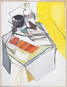 Vintage American Modernist Abstract Cubist Still Life Interior Scene Framed Oil Painting