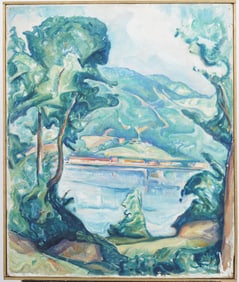 Antique Important French Post Impressionist Mountain River Landscape Modernist Framed Oil Painting