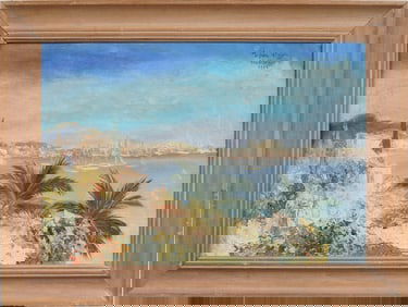 Vintage Spanish Impressionist Signed Mallorca Coastal Beach Scene Framed Palm Tree Oil Painting