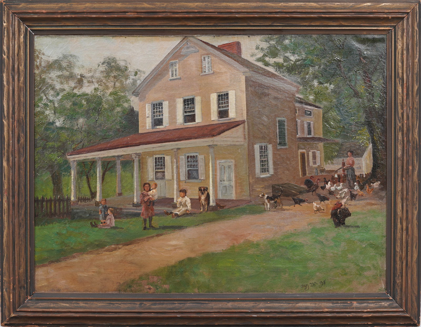 Antique American Folk Art Signed Homestead Family Portrait Chickens and Dogs Framed Painting (1 of 7)
