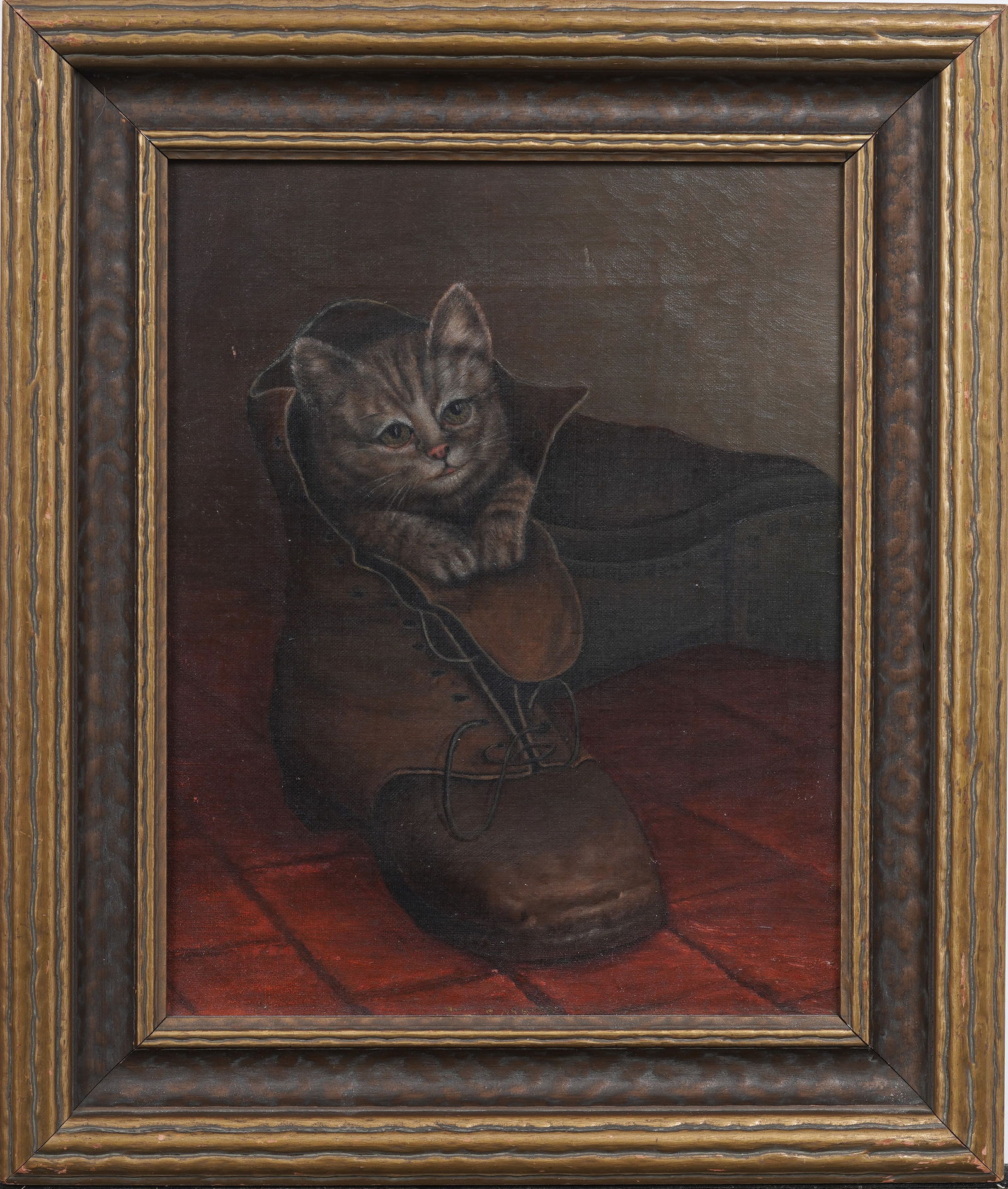 Antique American School Folk Art Kitten in a Boot Framed  Cat Portrait Oil Painting (1 of 8)
