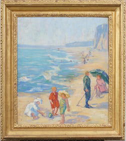 Antique French Impressionist Summer Beach Scene  Giltwood Framed  Oil Painting