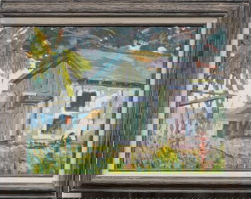 Old Florida Tropical Beach Scene Framed Vintage American Impressionist Oil Painting