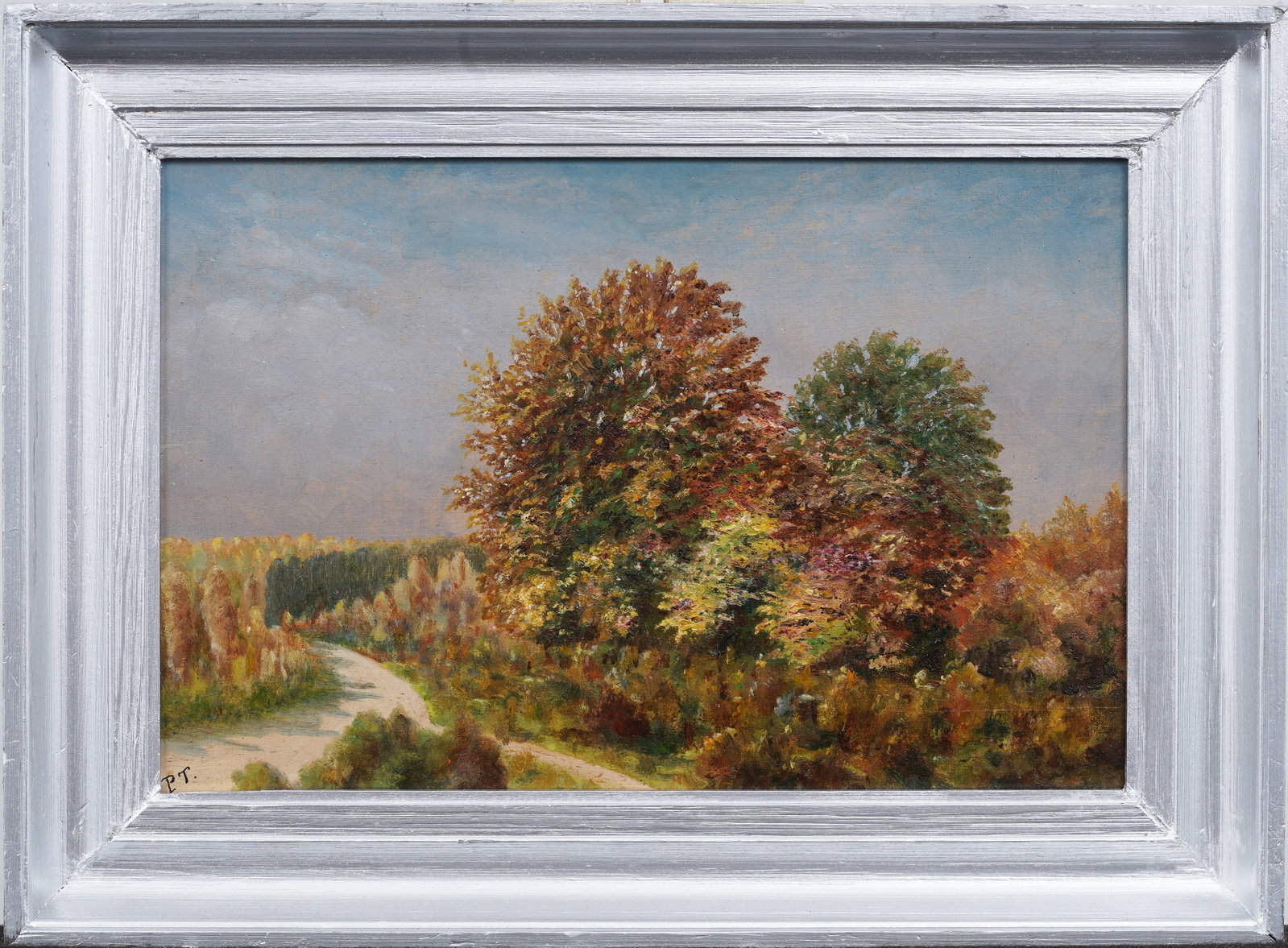 Antique European Impressionist 19th Century Landscape Oil Painting: Antique European landscape oil painting. Oil on board. Monogrammed. Measuring: 10 by 14 inches overall, and 8 by 12 painting alone. Please see all images for condition. Size is measured and written on