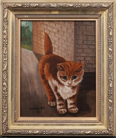 Vintage European Cat Portrait Signed Framed Oil Painting