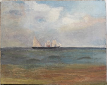 Antique American Impressionist Seascape Ship Portrait Oil Painting