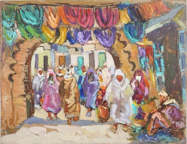 Vintage Signed Modernist Moroccan Market Scene Brilliant Color Palette Orientalist Oil Painting