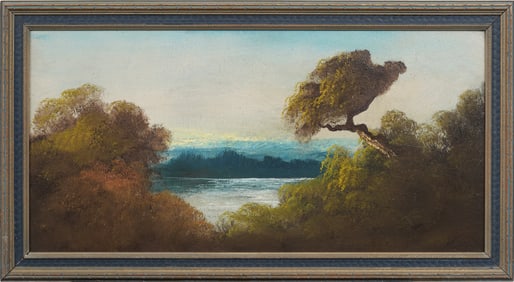 Vintage American Modernist Monogrammed Western Coastal Landscape Framed aOil Painting