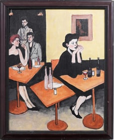 Vintage American Modernist Interior Scene Framed Wine Drinking Portrait Oil Painting