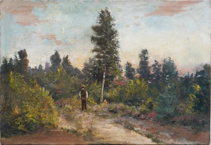 Antique European Impressionist Moonrise Landscape Figural Large Landscape Oil Painting