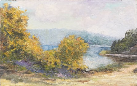 Antique American Impressionist Fall River Landscape Oil Painting