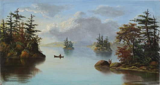 Antique American Hudson River School Canoe Scene Panoramic Landscape Oil Painting