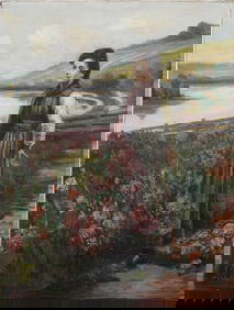 Antique French Impressionist River Scene Wild Flower Portrait Signed Oil Painting