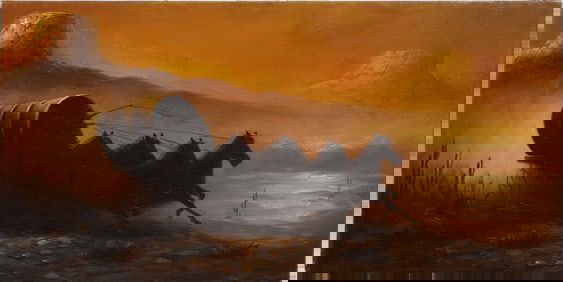 Vintage American Western Modernist Covered Wagon Horse Portrait Sunset Oil Painting