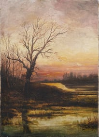 Antique French Impressionist Signed Sunset Landscape Oil Painting