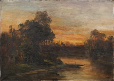 Antique European Impressionist Sunset Signed River Scene Landscape Oil Painting