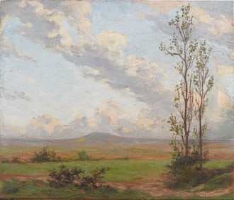 Antique American Impressionist Panoramic Cloudscape Finely Painted Landscape Oil Painting