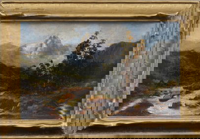 Antique European Impressionist Mountain Scene Framed Landscape Oil Painting