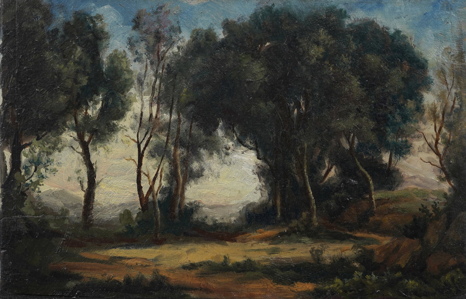 Antique European Impressionist Landscape Oil Painting: Antique landscape oil painting. Oil on board. Measuring: 6 by 9.5 inches overall. Please see all images for condition. Size is measured and written on the back of the painting or next to each object. 