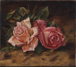 Antique  American or European Impressionist Rose Flower Still Life Oil Painting