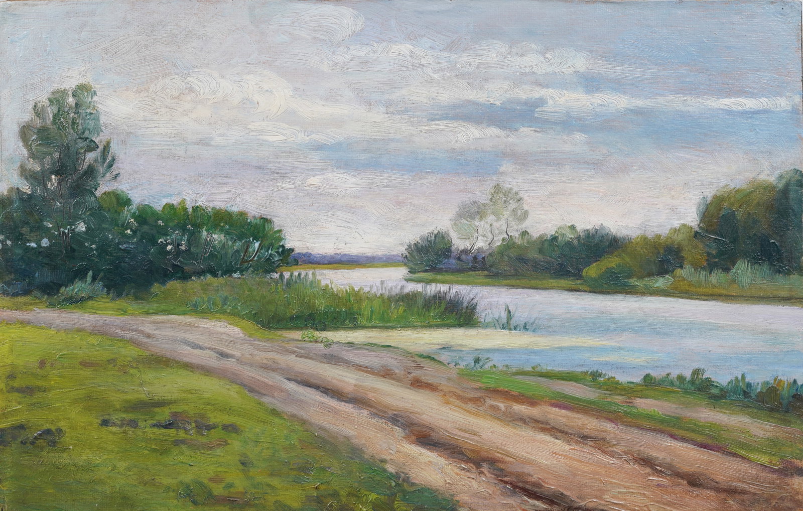 Antique French Impressionist Landscape Oil Painting: Vintage French landscape oil painting. Oil on board. Measuring: 8.5 by 13 inches overall. Please see all images for condition. Size is measured and written on the back of the painting or next to each 