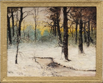 Antique American Impressionist Winter Monogrammed Landscape Framed Oil Painting