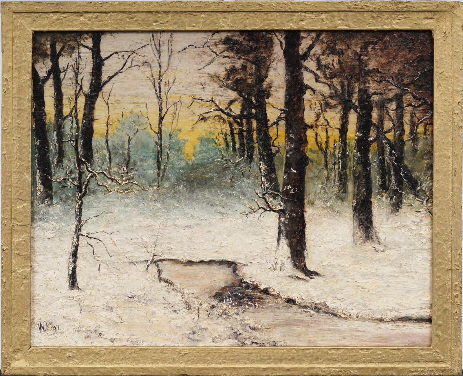 Antique American Impressionist Winter Monogrammed Landscape Framed Oil Painting: Antique American impressionist oil painting. Oil on board. Signed. Measuring: 9.5 by 11.5 inches overall, and 8.5 by 10.5 painting alone. Please see all images for condition. Size is measured and writ