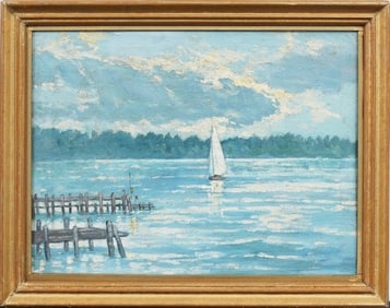 Vintage European Impressionist Coastal Lake Landscape  Oil Painting