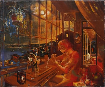 Vintage Signed Modernist Interior Scene Valparaiso Cityscape Large Oil Painting