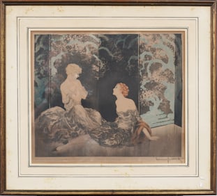 Louis Icart (1888-1950), "Intimacy," 1928, Signed Etching, Drypoint, and Aquatint in Colors on Paper