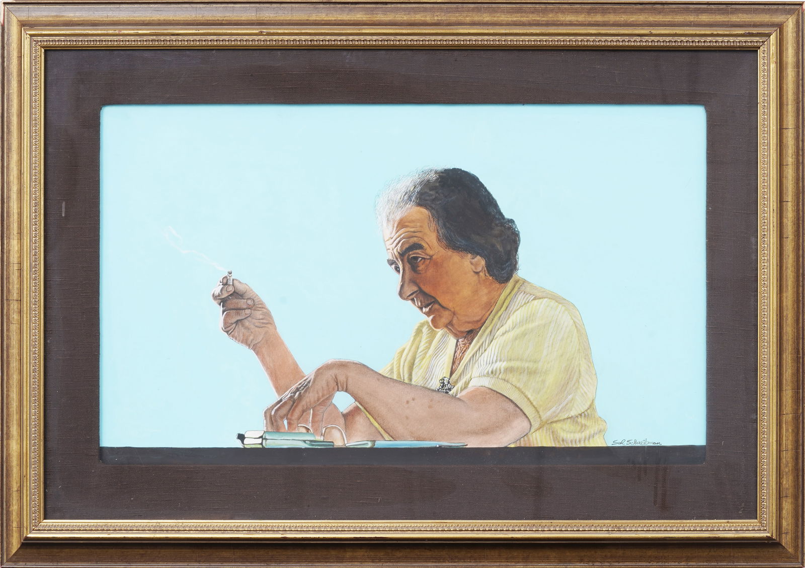 Vintage American Signed Modernist Golda Meir Portrait  "Have a smoke with Grandma" Framed Painting (1 of 6)