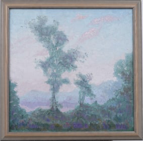 Antique American Impressionist Misty River Framed Landscape Oil Painting