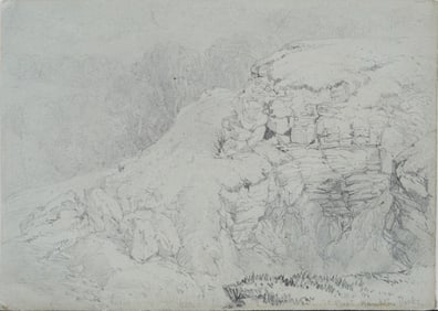 Antique American Realist Titled Landscape Hudson River School Rock Study Drawing