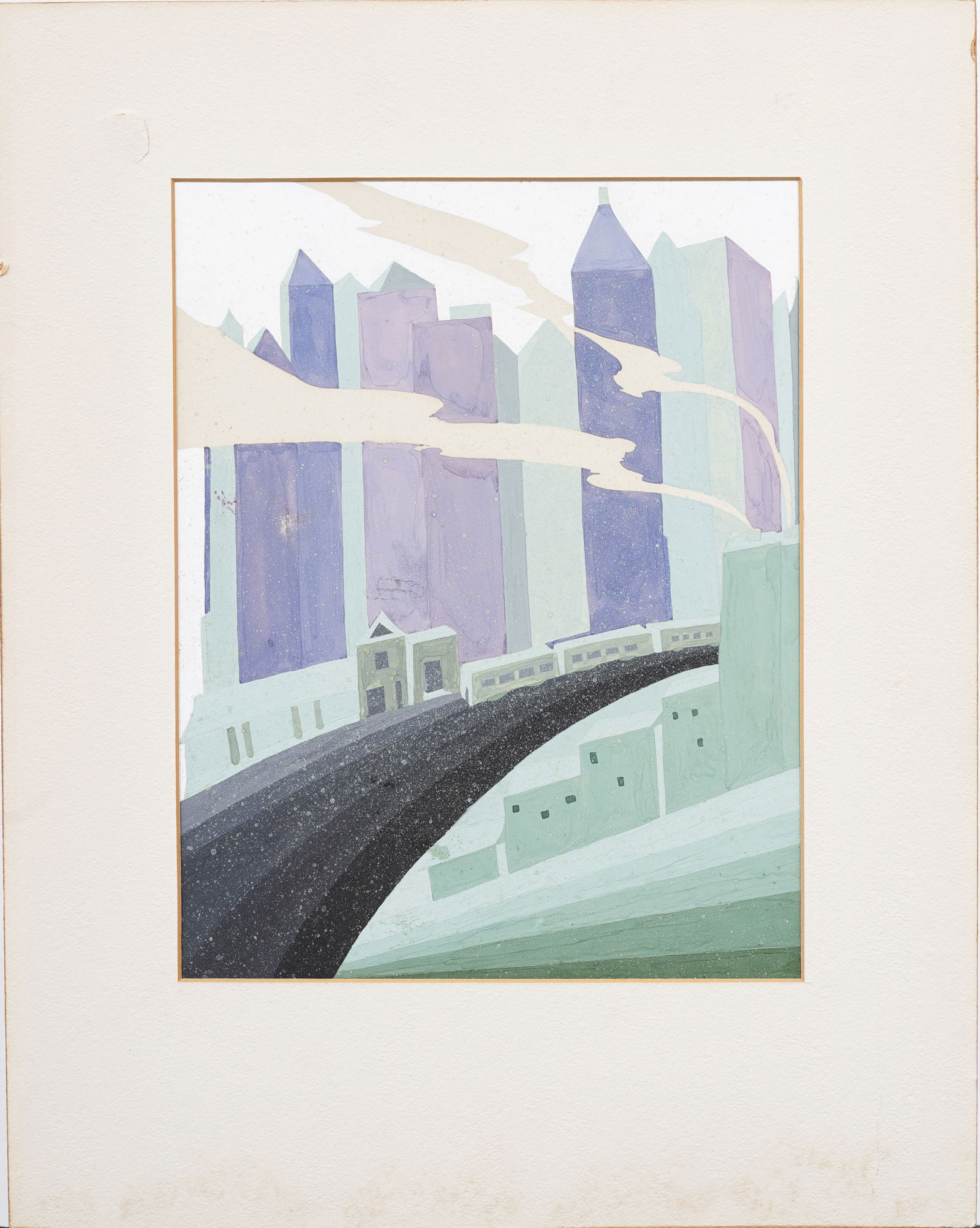 Vintage American School Art Deco Modernist Cityscape Painting (1 of 6)