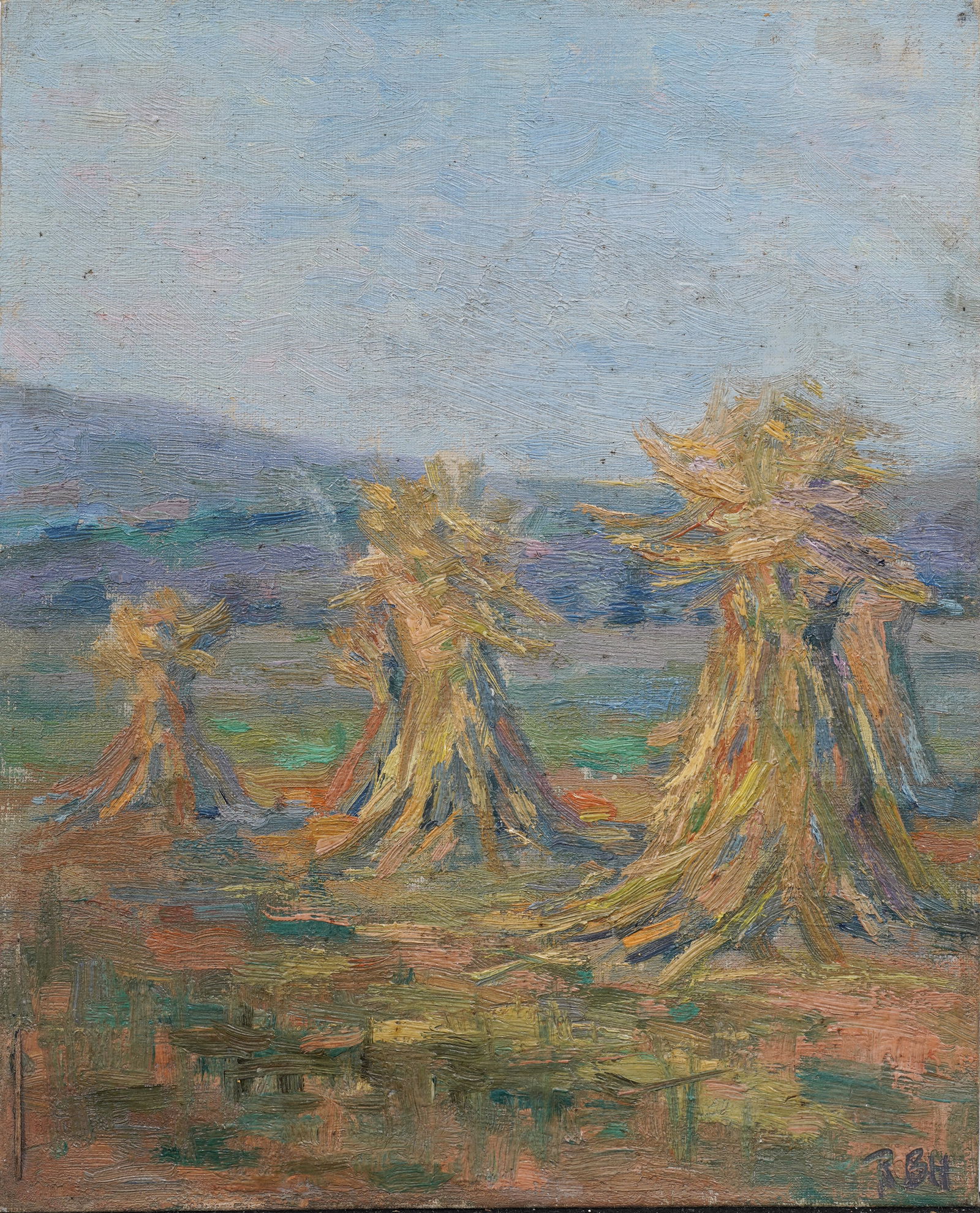 Antique American Impressionist Haystack Landscape Monogrammed Signed Oil Painting (1 of 4)