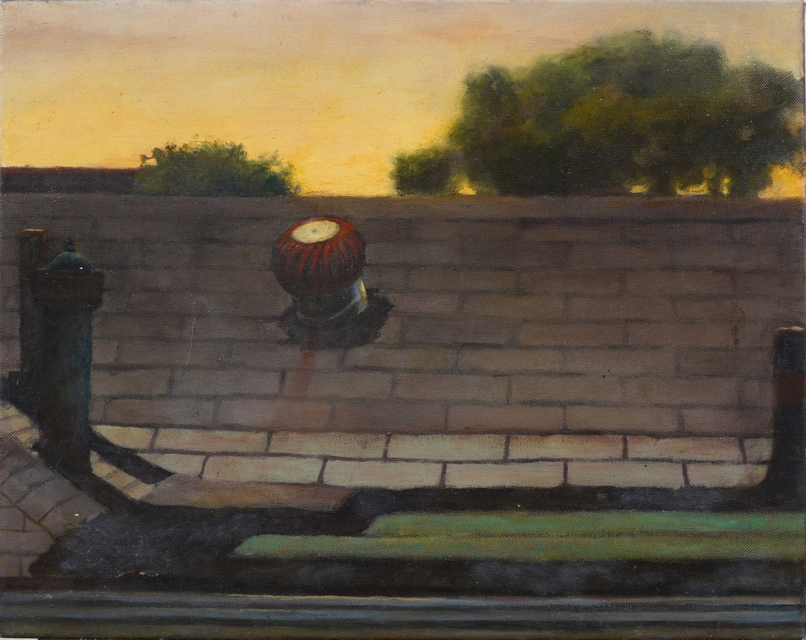 Vintage American Modernist Sunset Rooftop Oil Painting: Vintage American oil painting. Oil on canvas. Measuring: 16 by 20 inches overall. Please see all images for condition. Size is measured and written on the back of the painting or next to each object. 