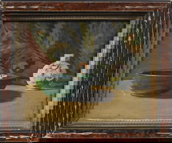 Antique  American School Impressionist Table Still Life Framed Oil Painting