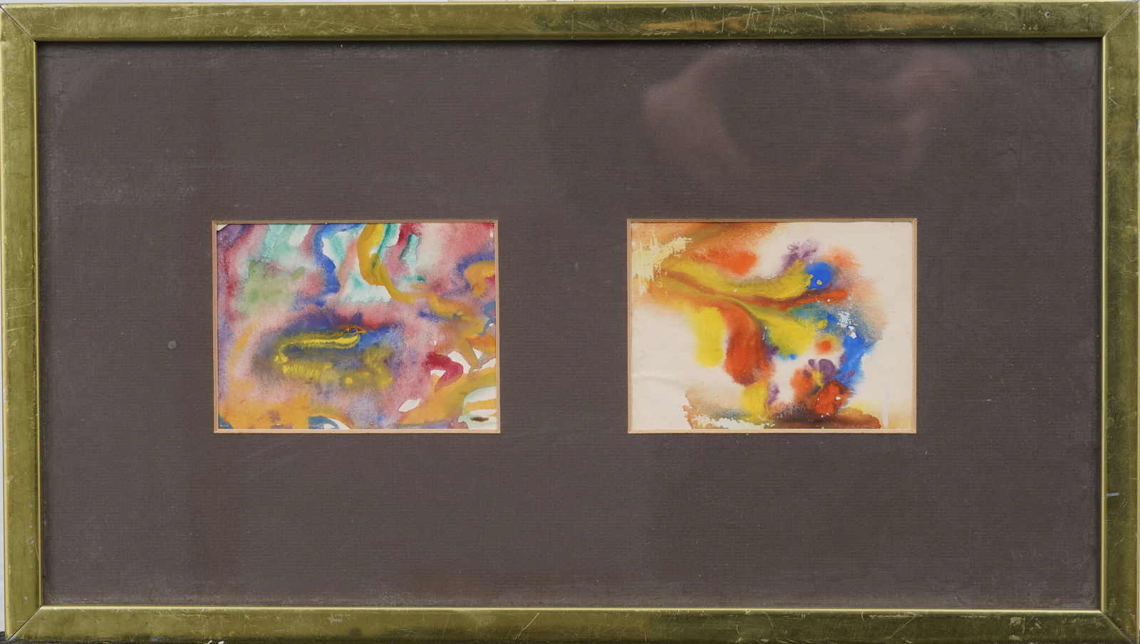 Vintage American Modernist Abstract Framed Watercolor Pair Painting: Vintage American paintings. Watercolor on paper. Measuring: 10 by 17 inches overall, and 3 by 4.5 each painting alone. Please see all images for condition. Size is measured and written on the back of